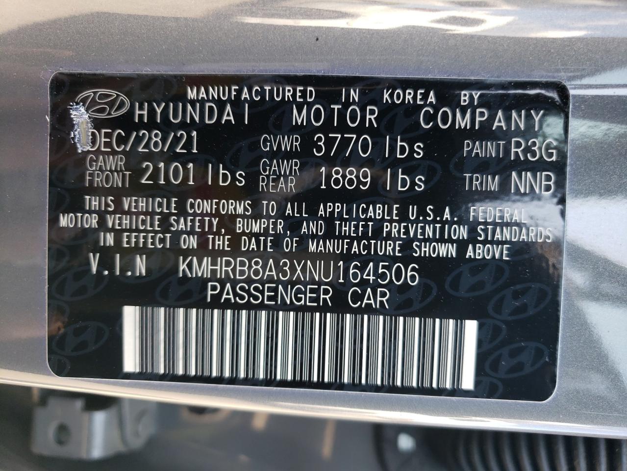 2022 HYUNDAI VENUE SE VIN:KMHRB8A3XNU164506