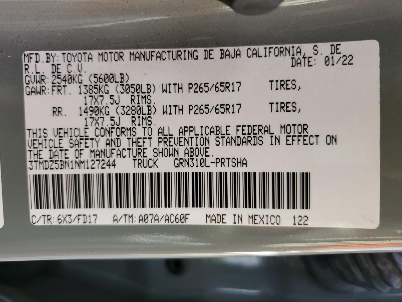 2022 TOYOTA TACOMA DOUBLE CAB VIN:3TMDZ5BN1NM127244