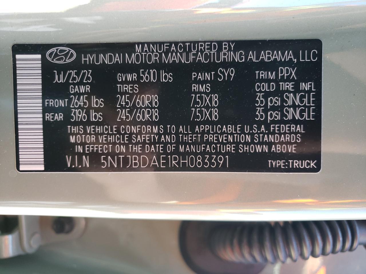 2024 HYUNDAI SANTA CRUZ VIN:5NTJBDAE1RH083391