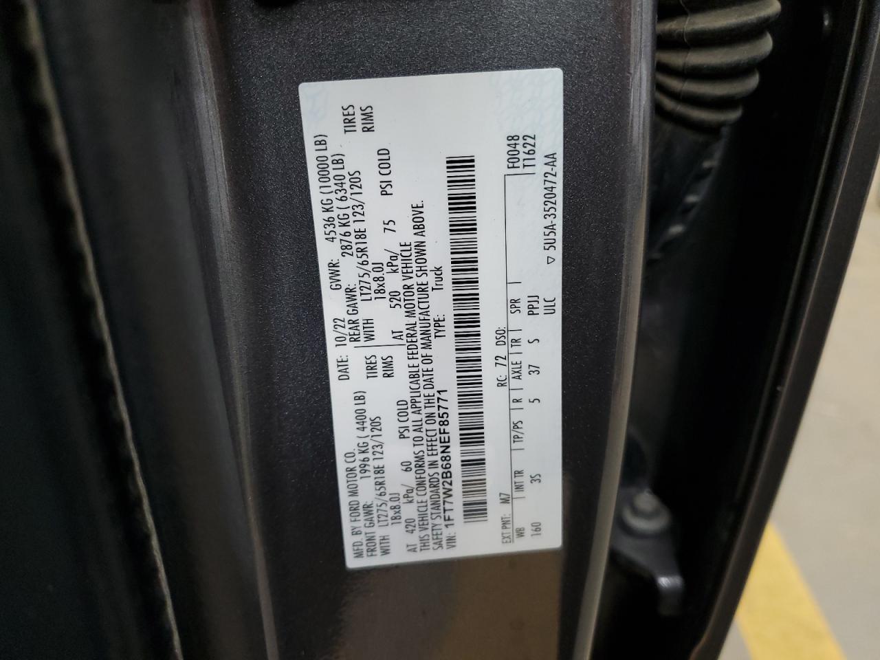 2022 FORD F250 SUPER DUTY VIN:1FT7W2B68NEF85771