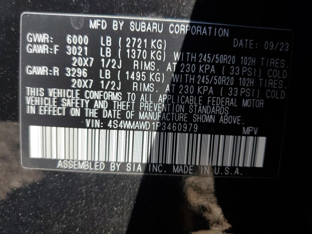 2023 SUBARU ASCENT TOURING VIN:4S4WMAWD1P3460979