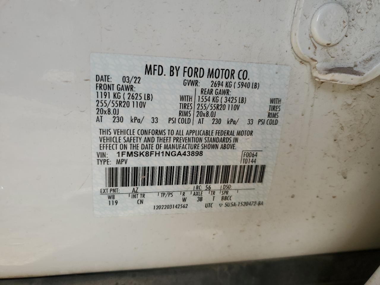 2022 FORD EXPLORER LIMITED VIN:1FMSK8FH1NGA43898