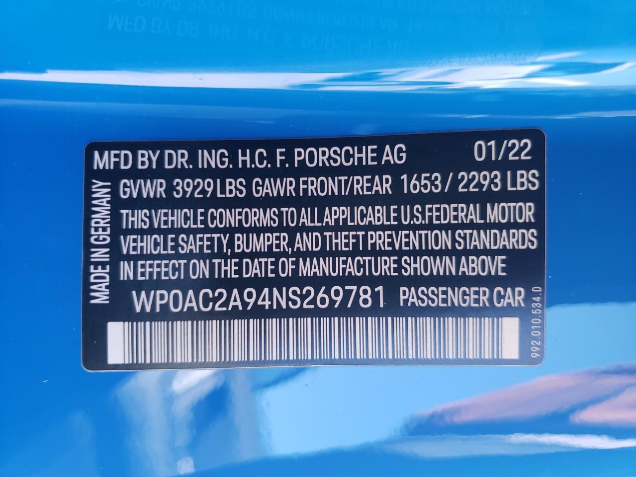 2022 PORSCHE 911 GT3 VIN:WP0AC2A94NS269781