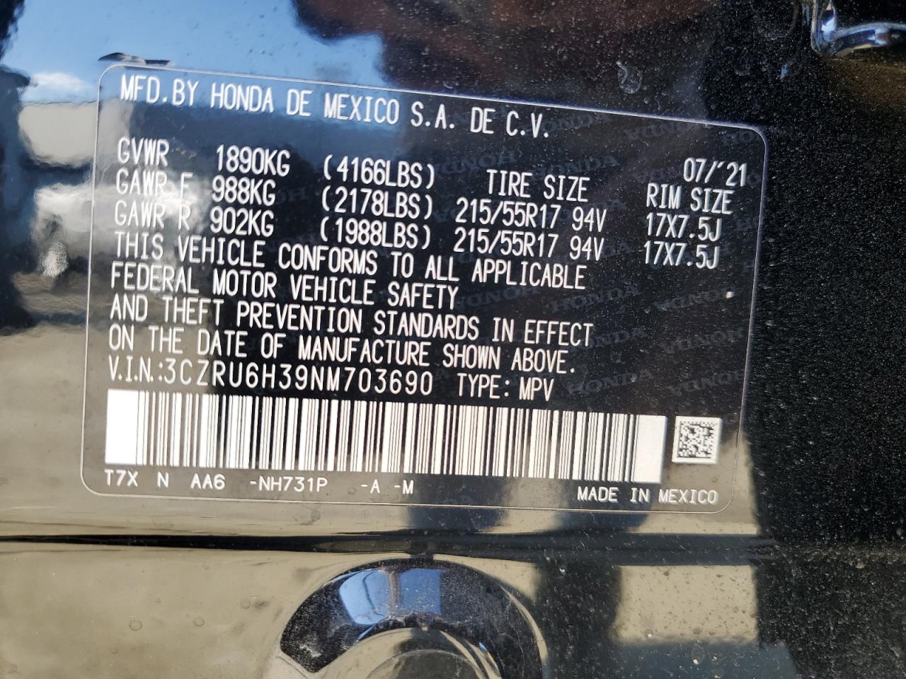 2022 HONDA HR-V LX VIN:3CZRU6H39NM703690