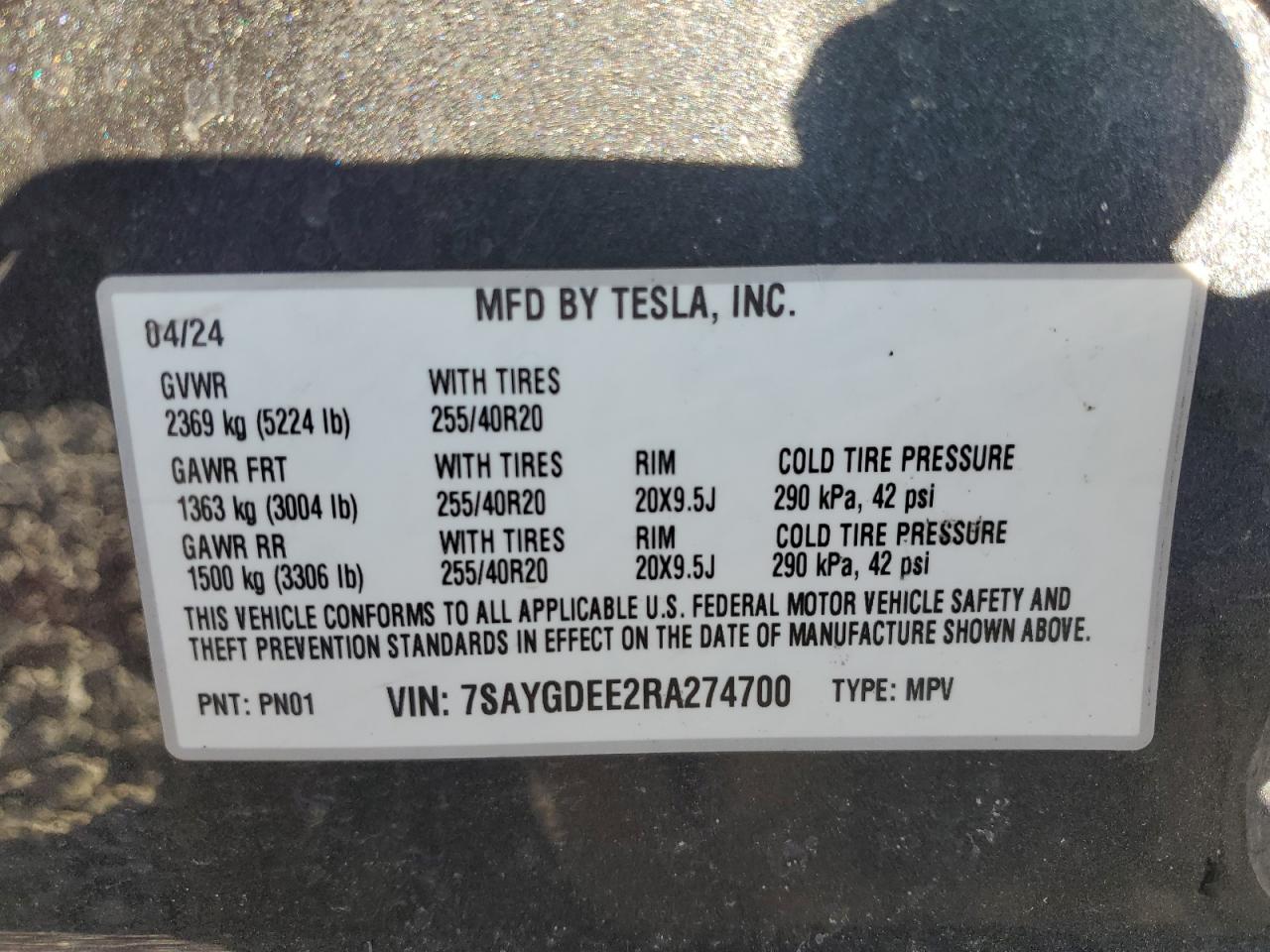 2024 TESLA MODEL Y VIN:7SAYGDEE2RA274700