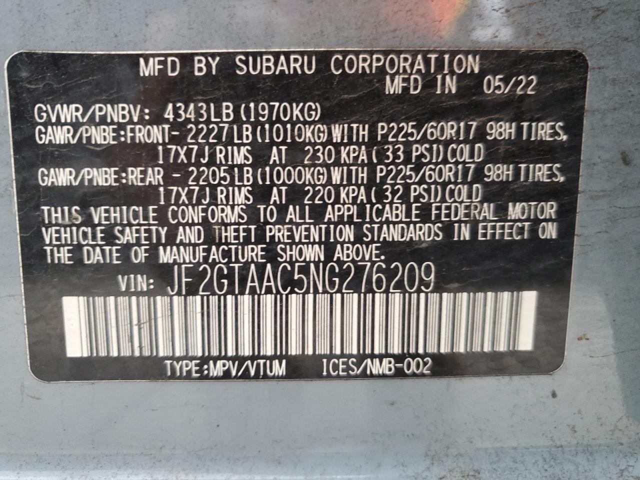 2022 SUBARU CROSSTREK VIN:JF2GTAAC5NG276209