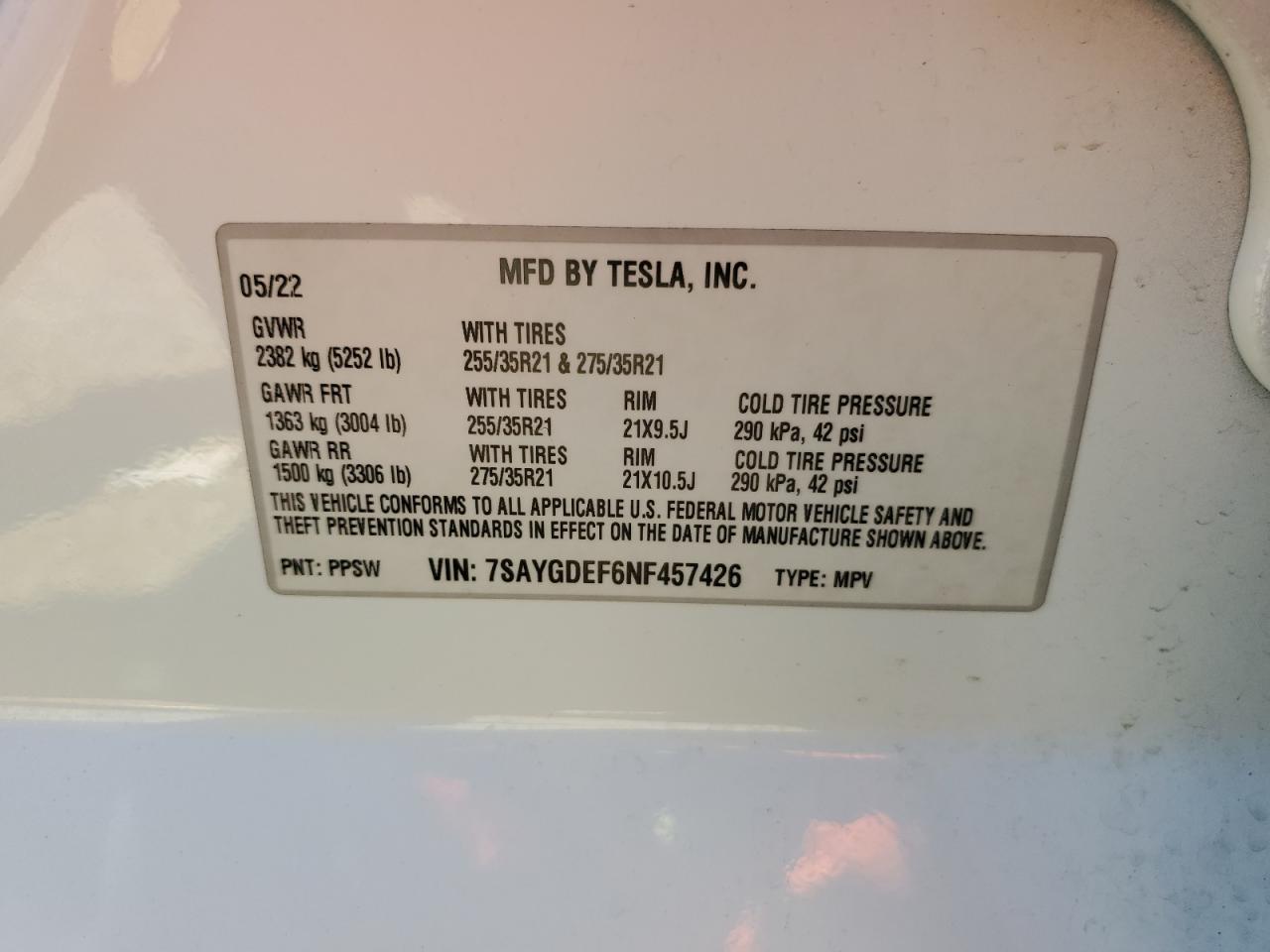 2022 TESLA MODEL Y VIN:7SAYGDEF6NF457426