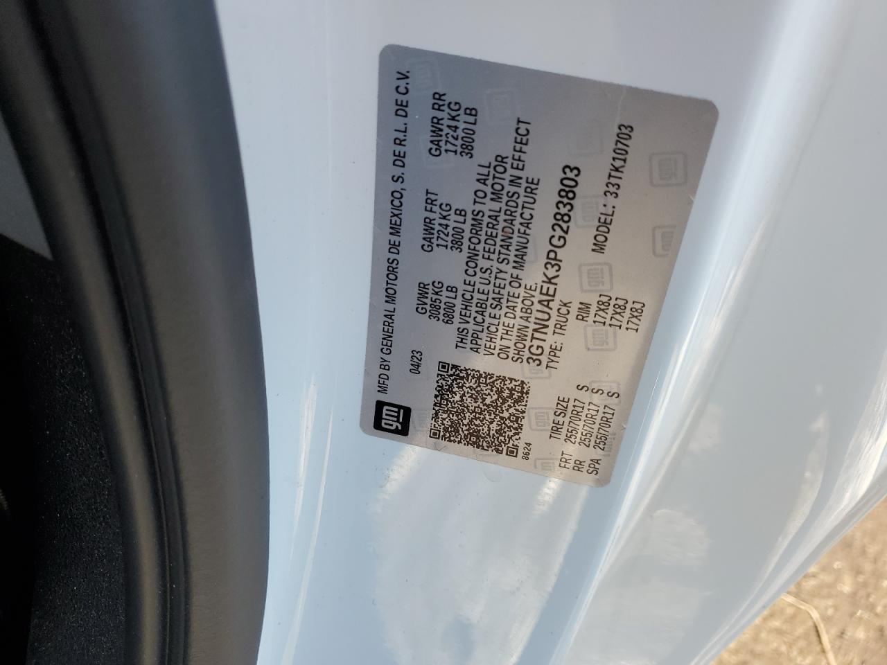 2023 GMC SIERRA K1500 VIN:3GTNUAEK3PG283803