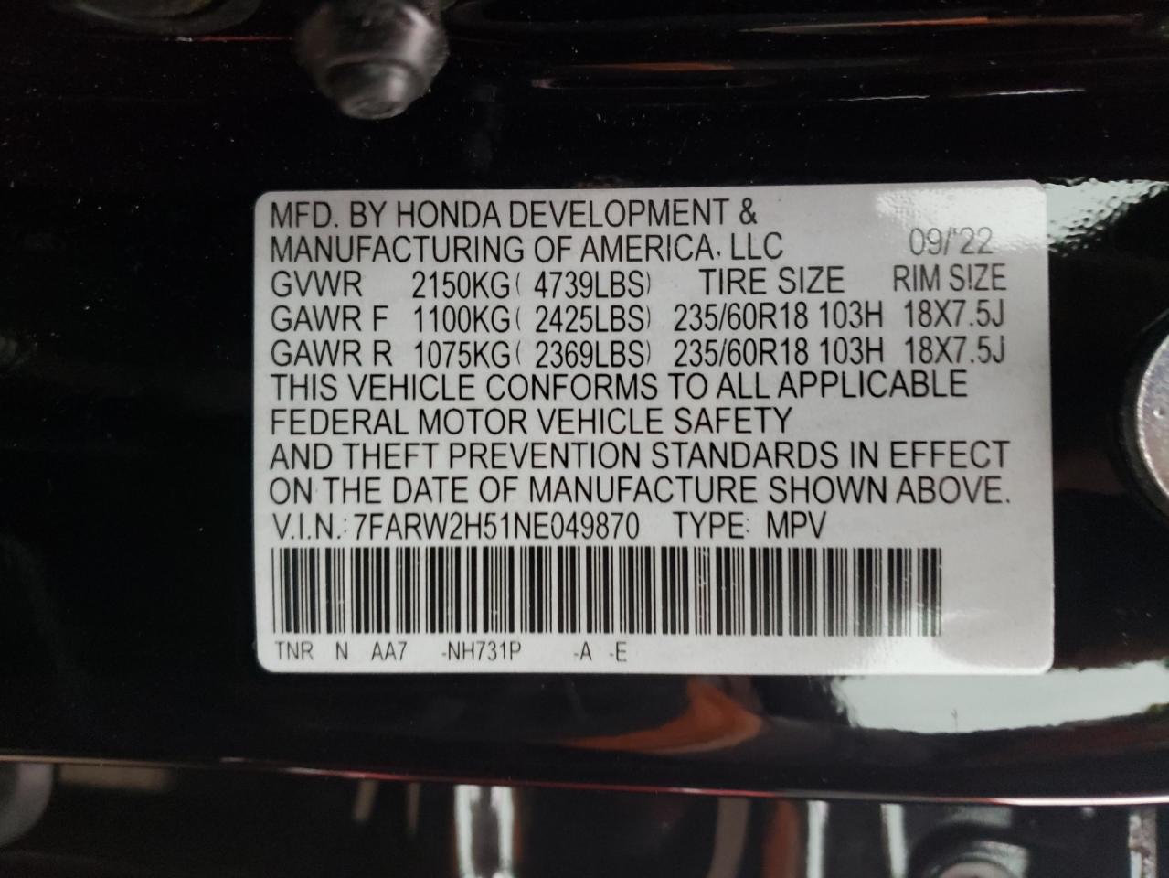 2022 HONDA CR-V EX VIN:7FARW2H51NE049870