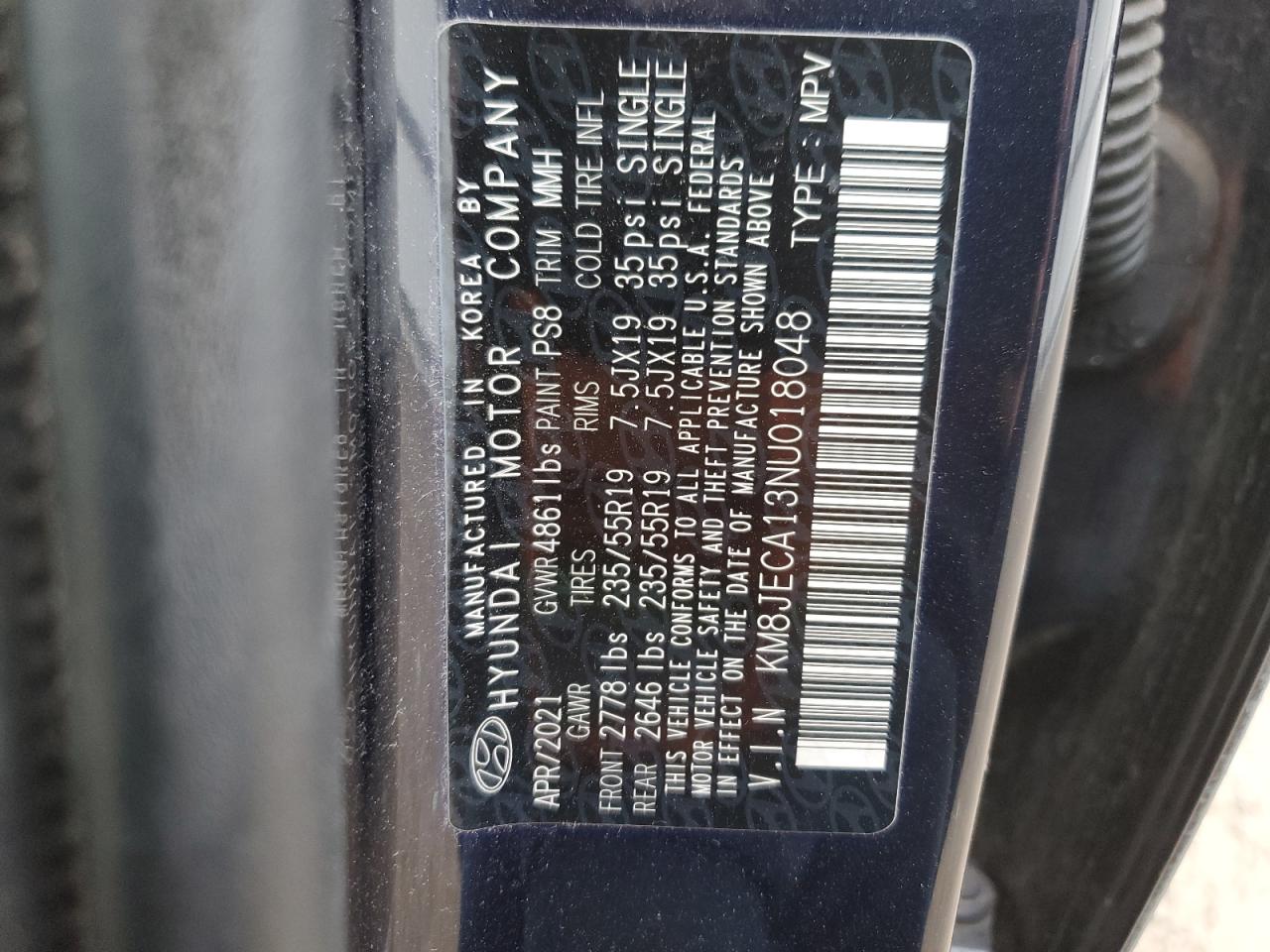 2022 HYUNDAI TUCSON LIMITED VIN:KM8JECA13NU018048