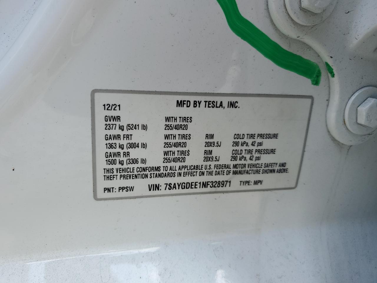 2022 TESLA MODEL Y VIN:7SAYGDEE1NF328971