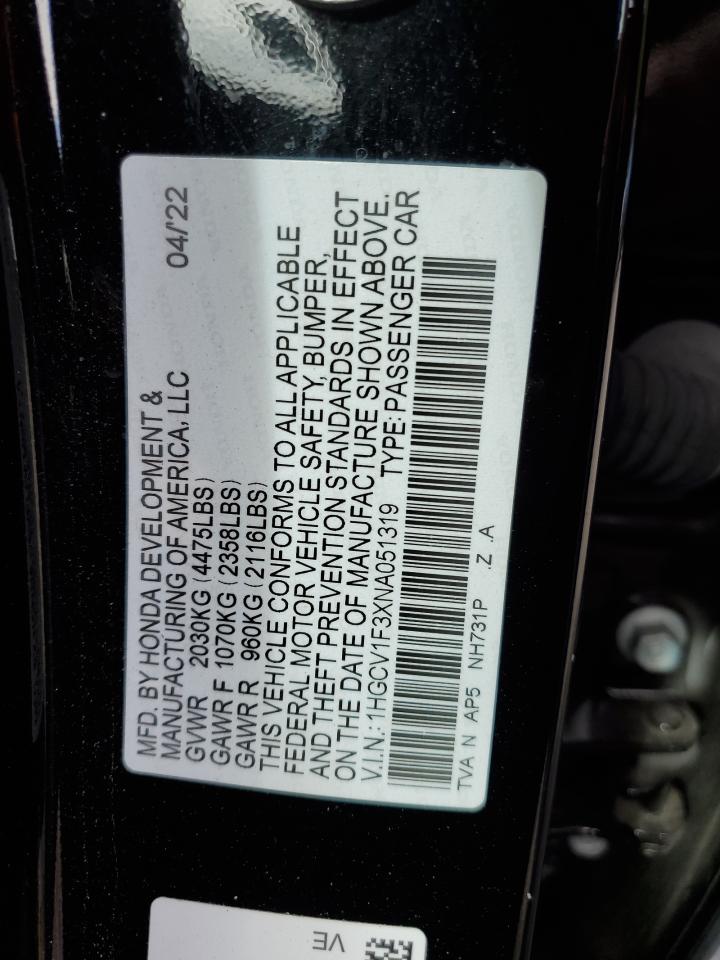 2022 HONDA ACCORD SPORT VIN:1HGCV1F3XNA051319