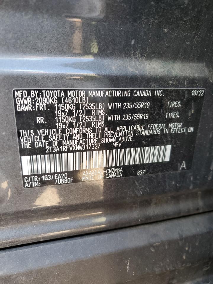 2022 TOYOTA RAV4 XLE PREMIUM VIN:2T3A1RFVXNW317327