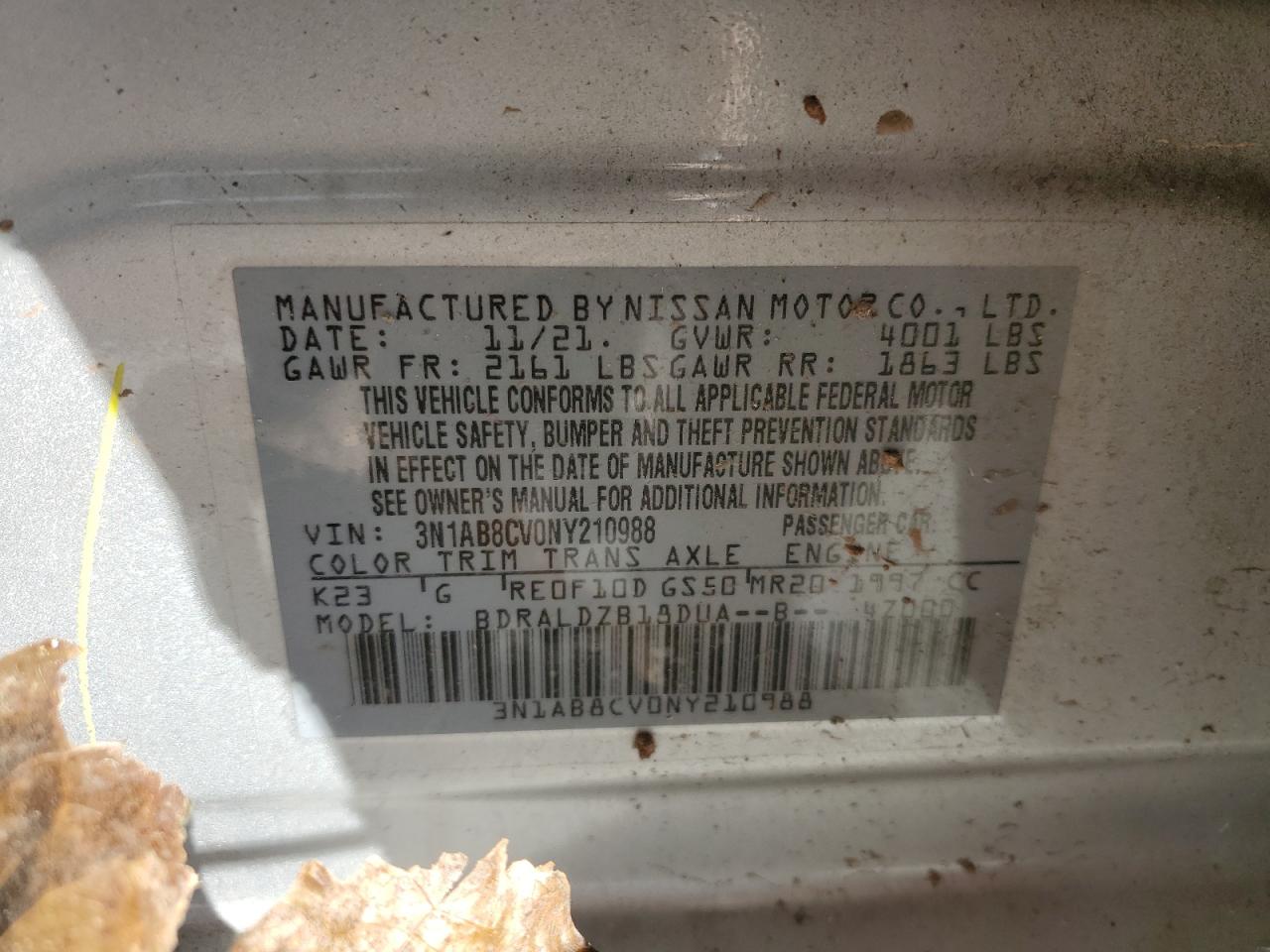2022 NISSAN SENTRA SV VIN:3N1AB8CV0NY210988