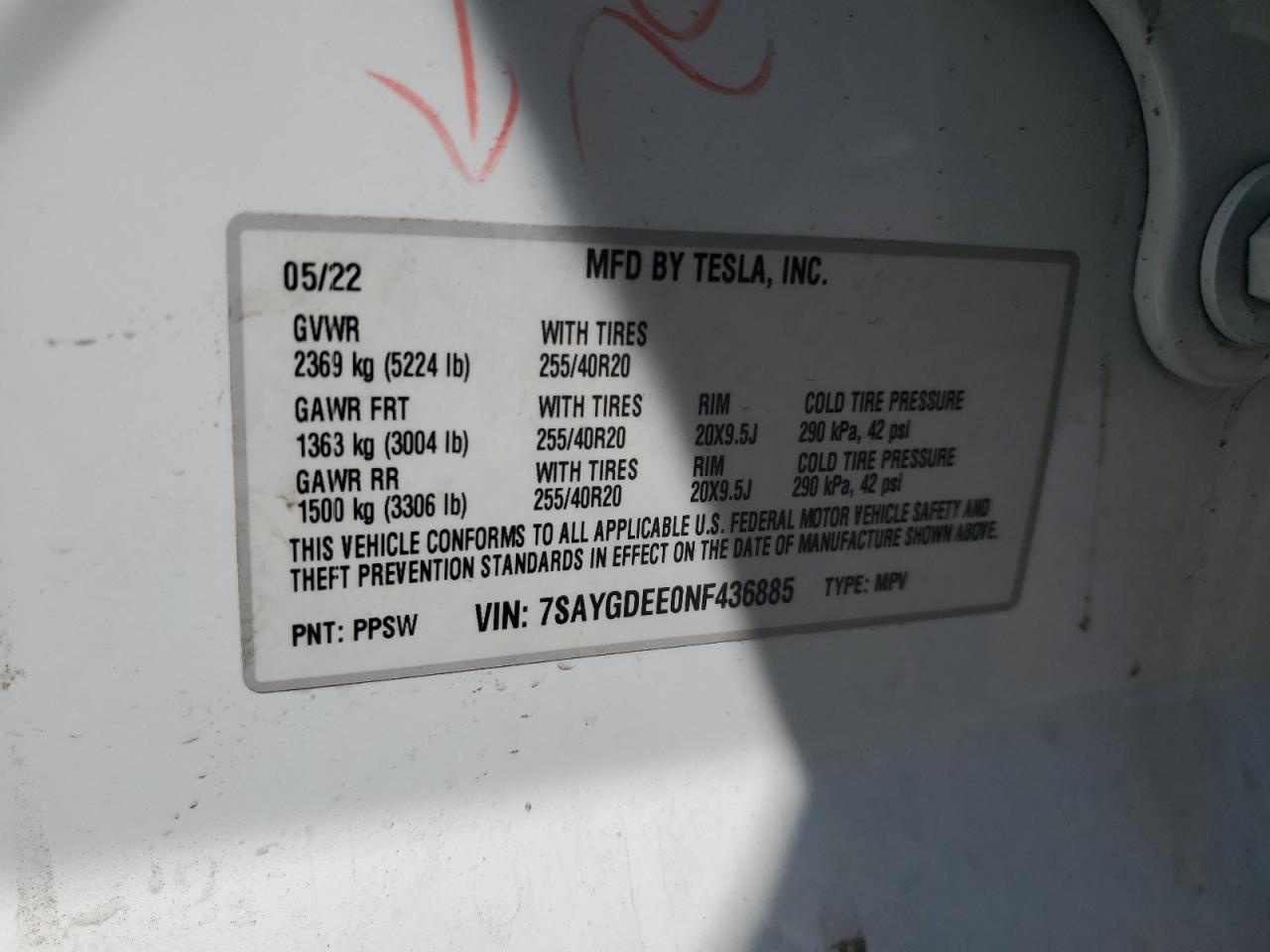 2022 TESLA MODEL Y VIN:7SAYGDEE0NF436885