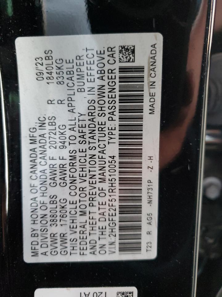 2024 HONDA CIVIC SPORT VIN:2HGFE2F51RH510054