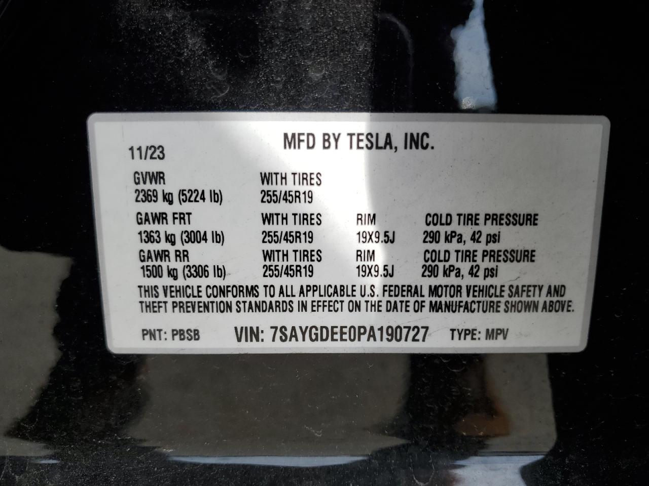 2023 TESLA MODEL Y VIN:7SAYGDEE0PA190727