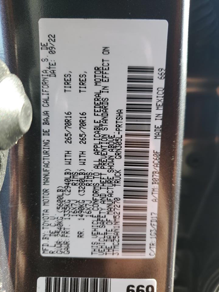 2022 TOYOTA TACOMA DOUBLE CAB VIN:3TMCZ5AN1NM527270