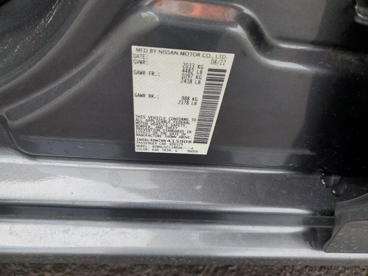 2022 NISSAN ALTIMA SV VIN:1N4BL4DW2NN415908