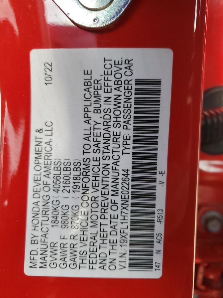 2022 HONDA CIVIC EXL VIN:19XFL1H7XNE022644