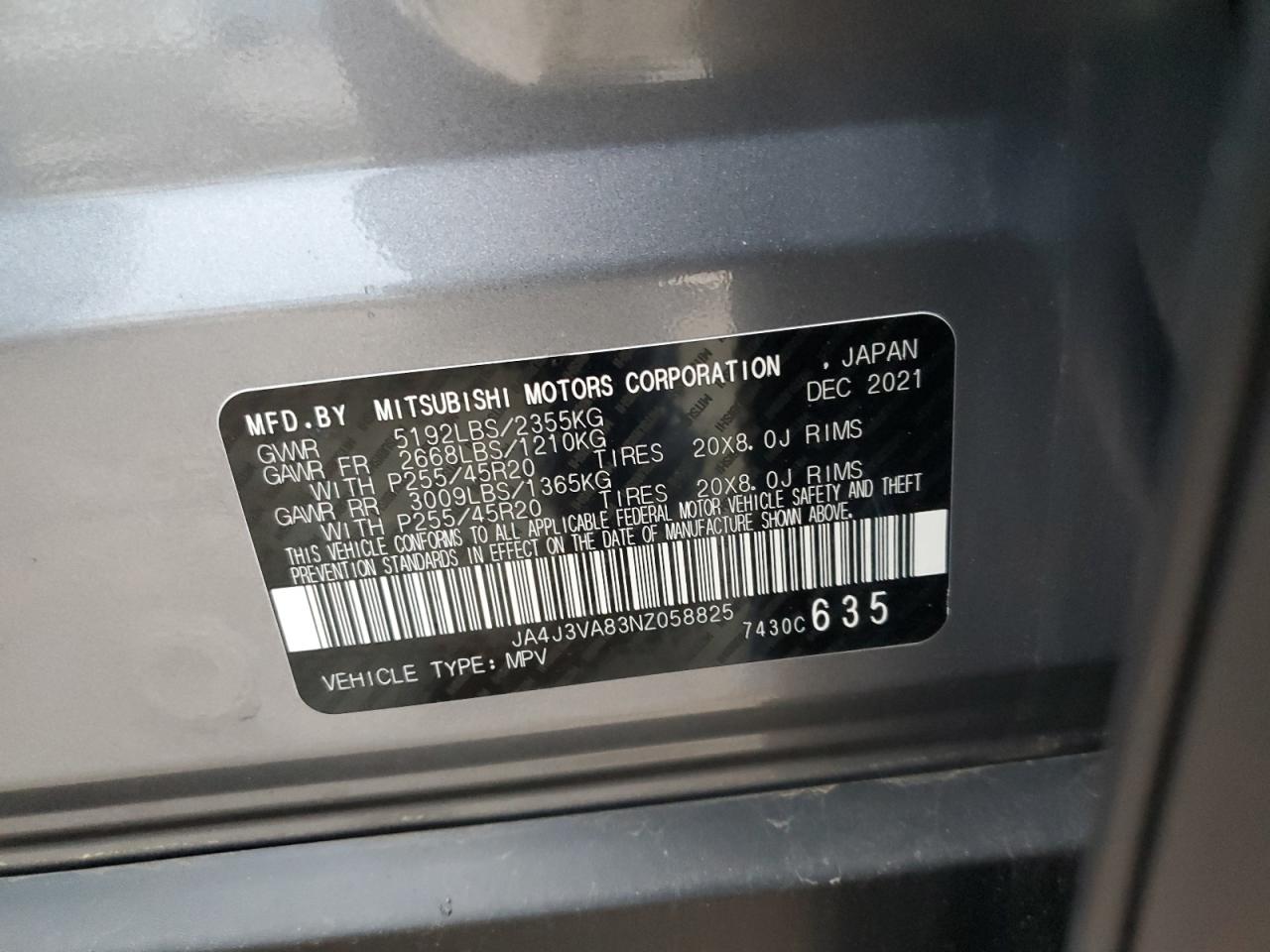 2022 MITSUBISHI OUTLANDER SEL VIN:JA4J3VA83NZ058825