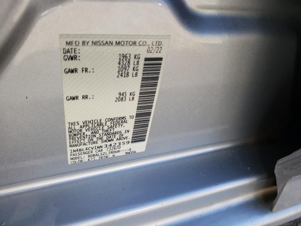 2022 NISSAN ALTIMA SR VIN:1N4BL4CV1NN342359