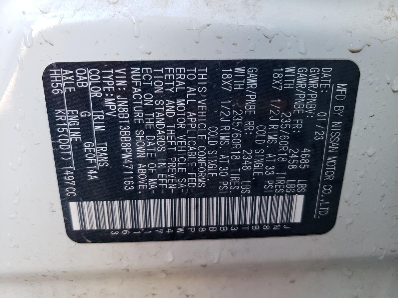 2023 NISSAN ROGUE SV VIN:JN8BT3BB8PW471163