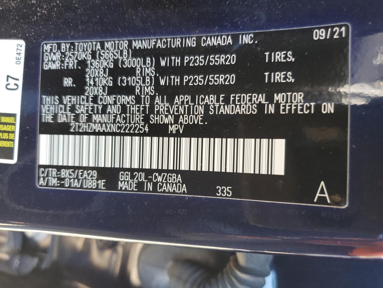 2022 LEXUS RX 350 VIN:2T2HZMAAXNC222254
