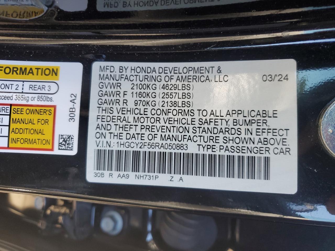 2024 HONDA ACCORD HYBRID SPORT VIN:1HGCY2F56RA050883