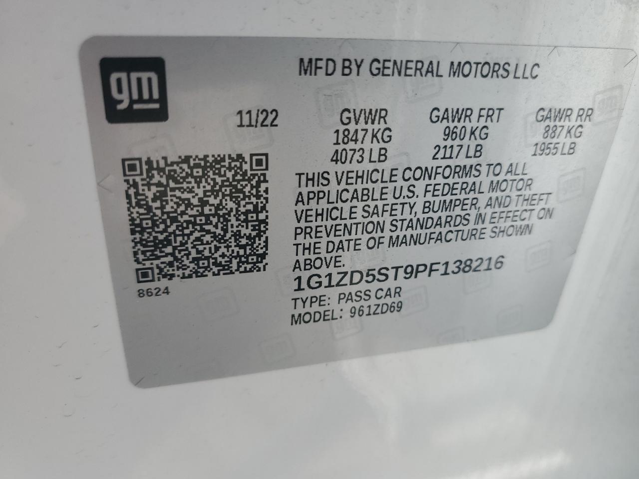 2023 CHEVROLET MALIBU LT VIN:1G1ZD5ST9PF138216