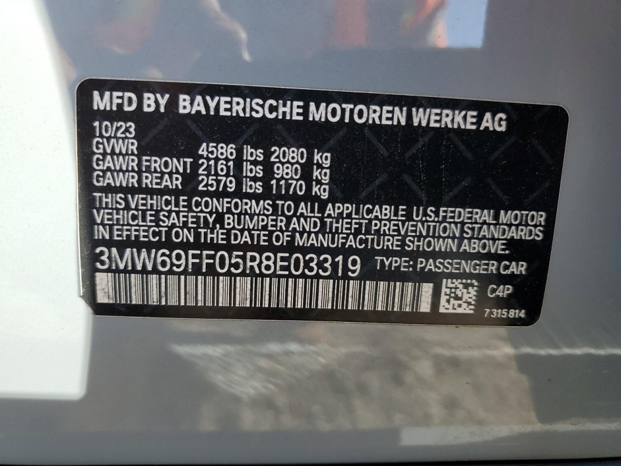 2024 BMW 330I VIN:3MW69FF05R8E03319