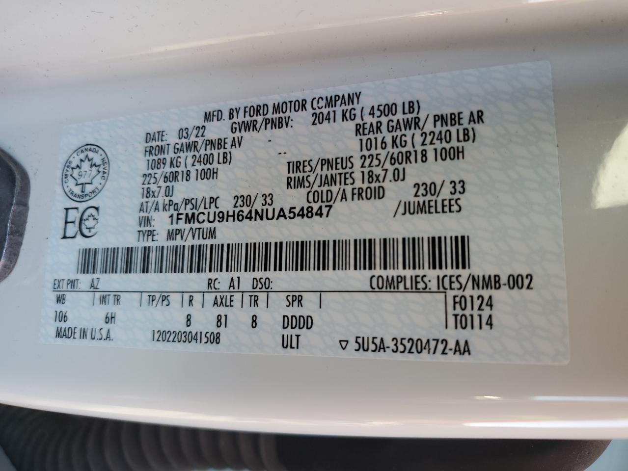 2022 FORD ESCAPE SEL VIN:1FMCU9H64NUA54847
