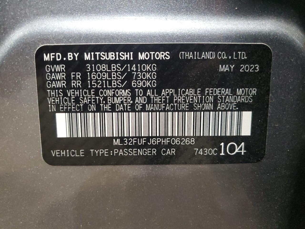 2023 MITSUBISHI MIRAGE G4 ES VIN:ML32FUFJ6PHF06268
