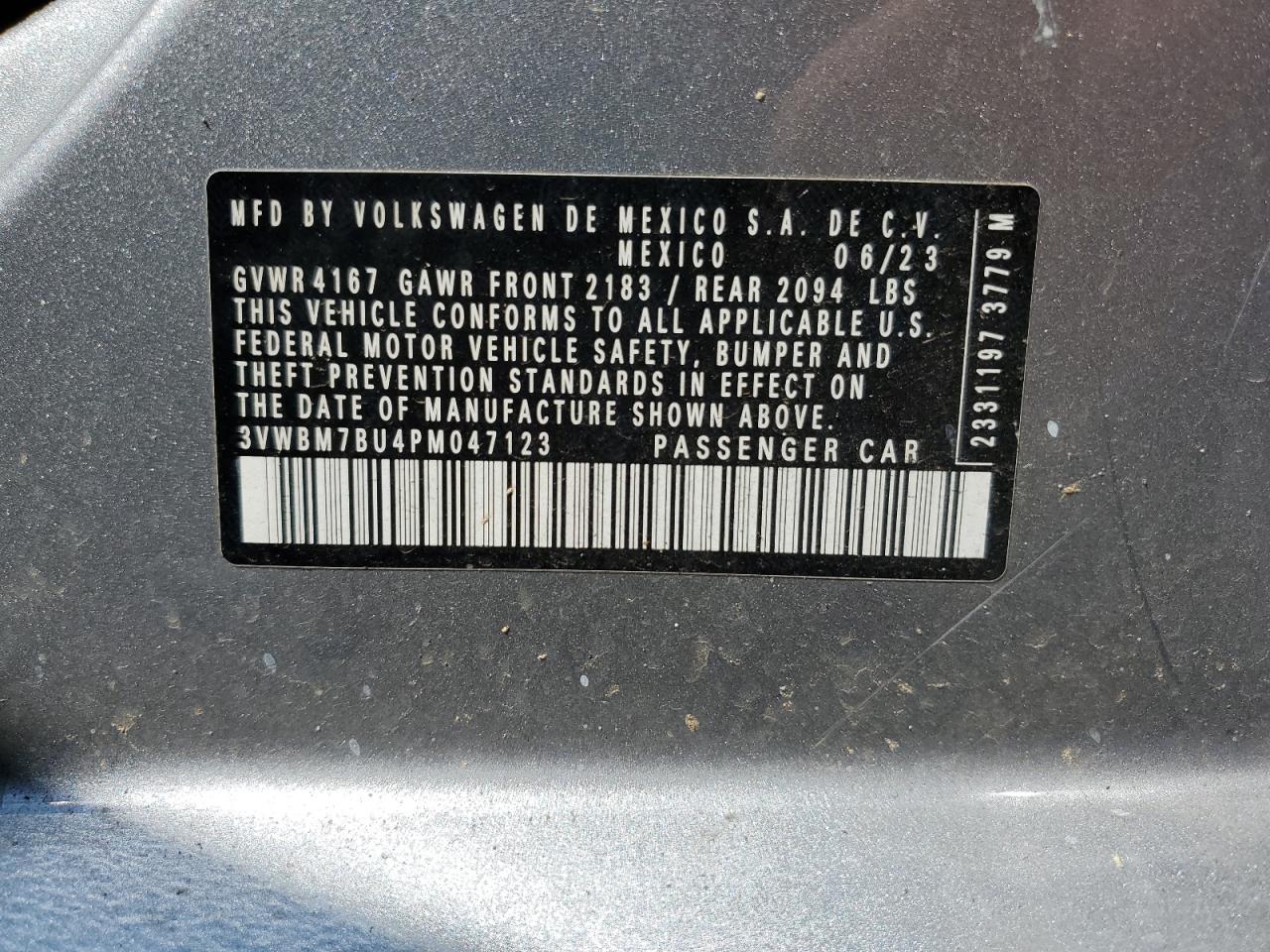 2023 VOLKSWAGEN JETTA SPORT VIN:3VWBM7BU4PM047123