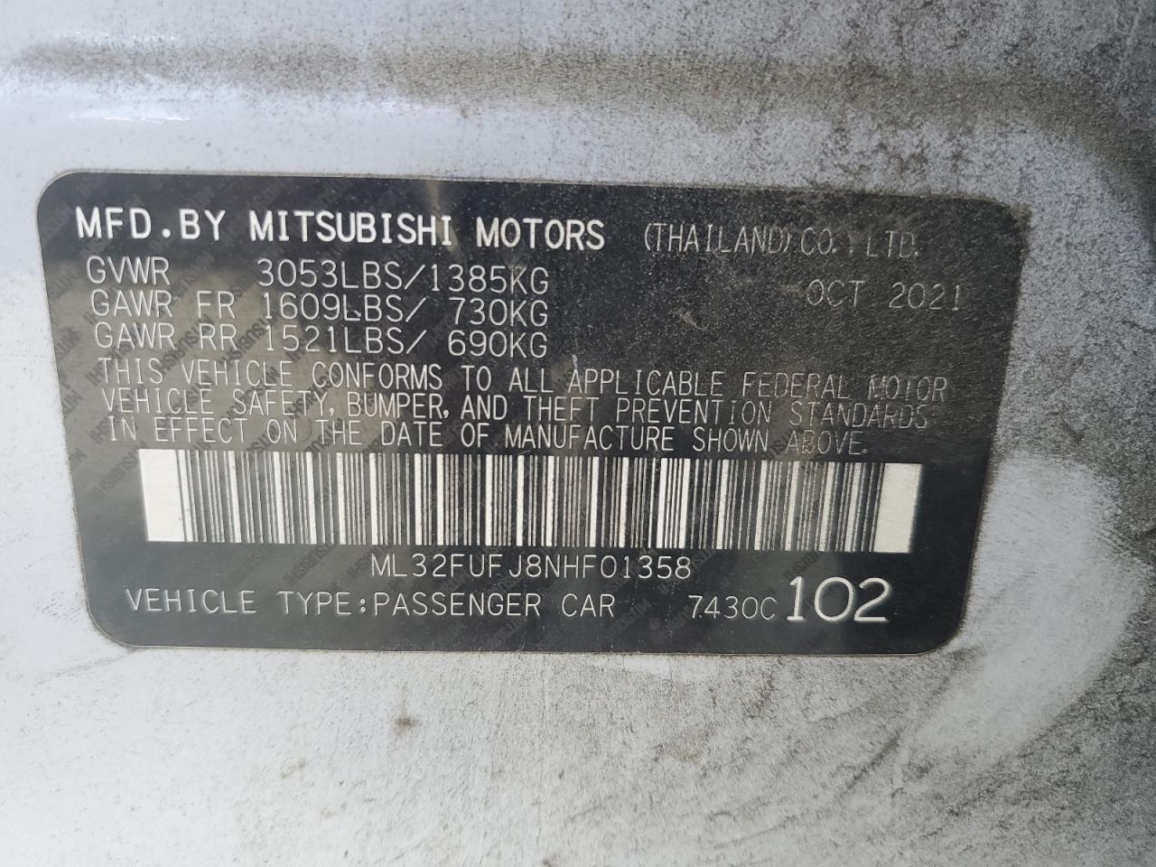 2022 MITSUBISHI MIRAGE G4 ES VIN:ML32FUFJ8NHF01358