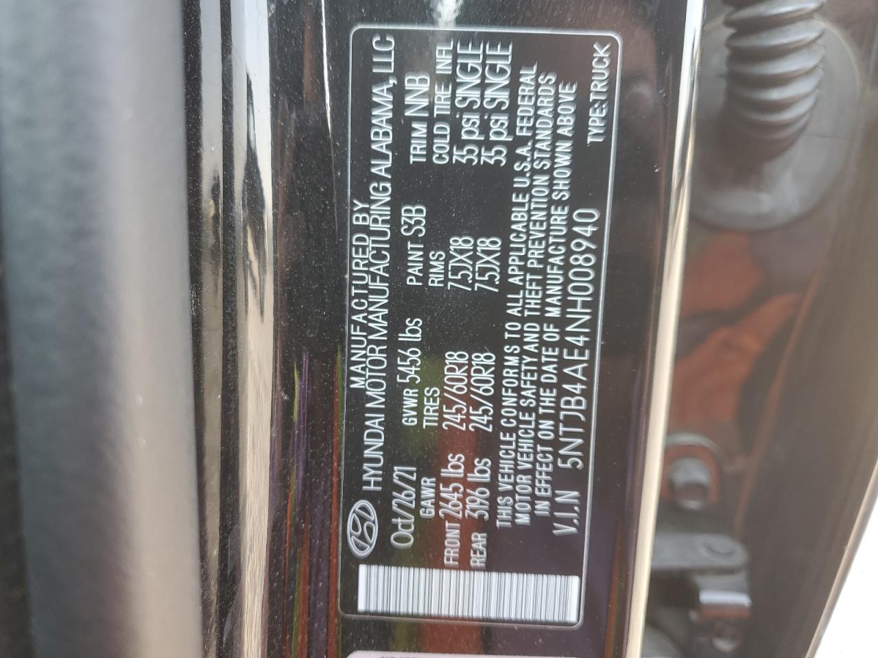 2022 HYUNDAI SANTA CRUZ SEL VIN:5NTJB4AE4NH008940