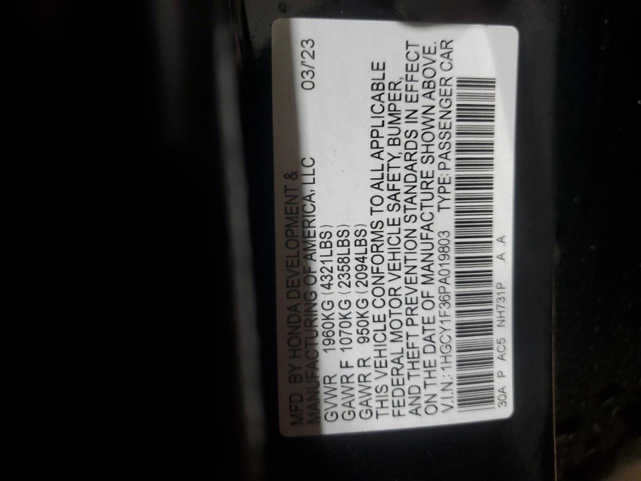 2023 HONDA ACCORD EX VIN:1HGCY1F36PA019803