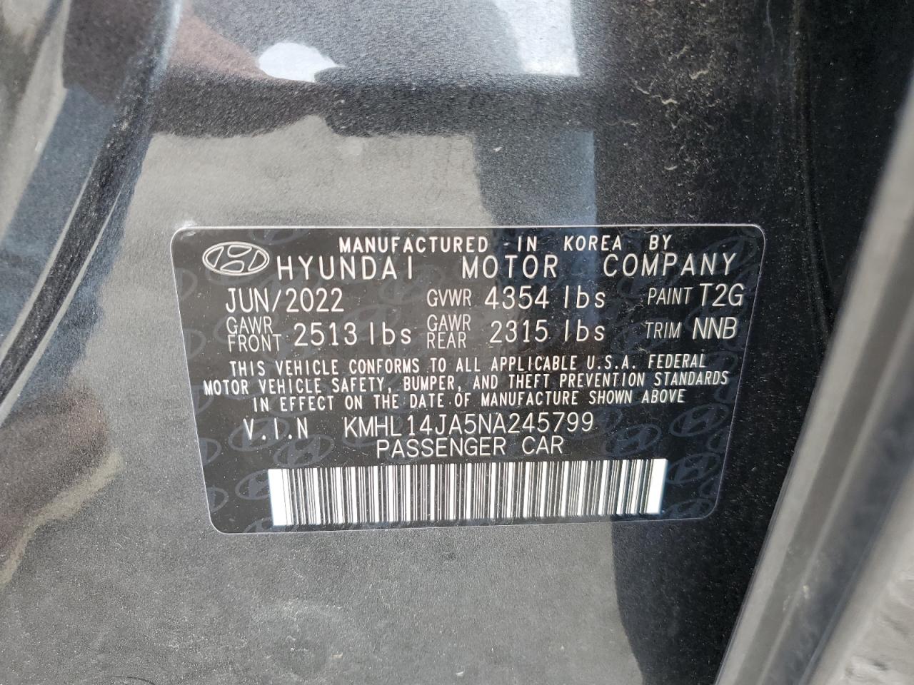 2022 HYUNDAI SONATA SEL VIN:KMHL14JA5NA245799