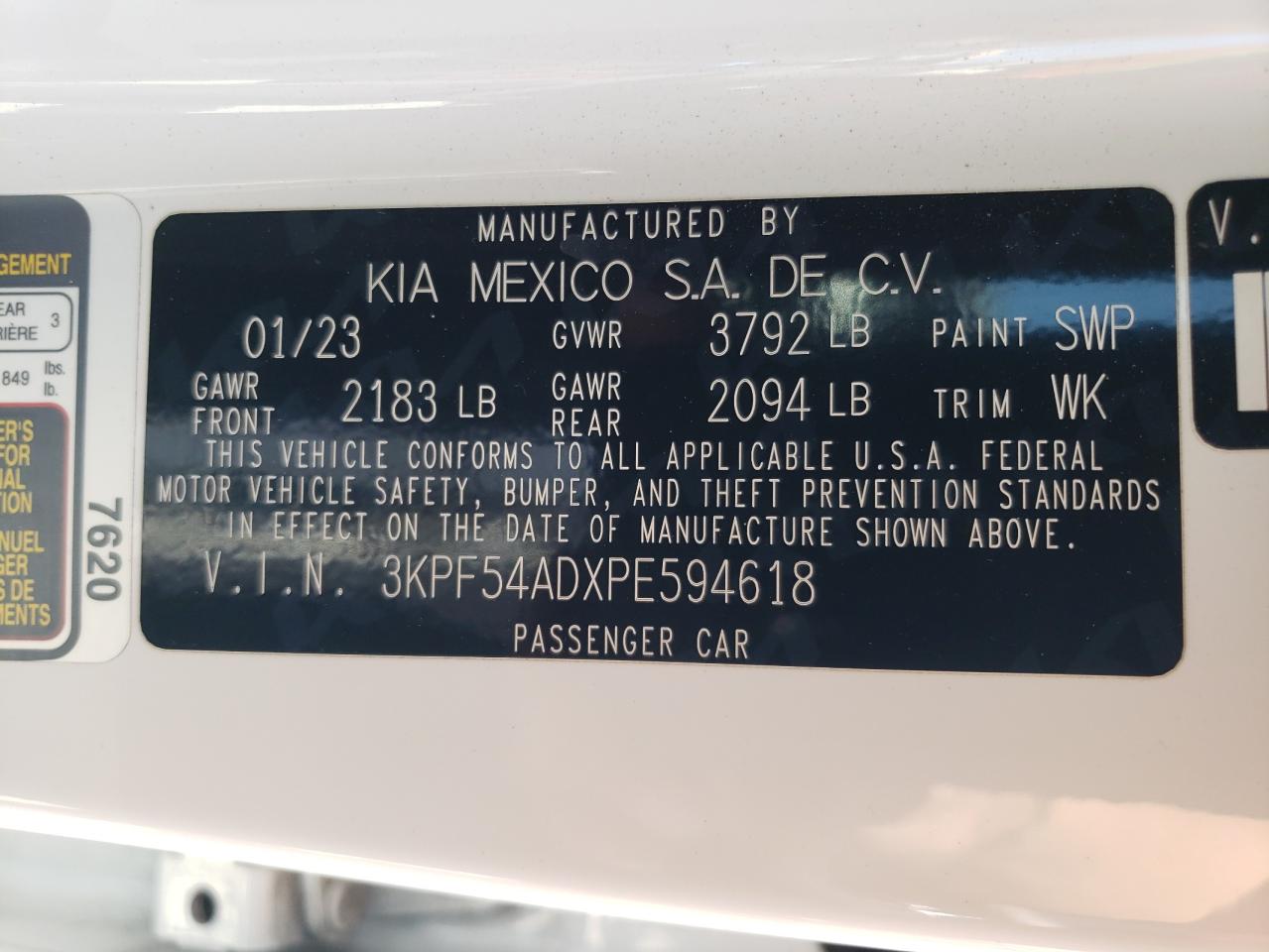 2023 KIA FORTE GT LINE VIN:3KPF54ADXPE594618