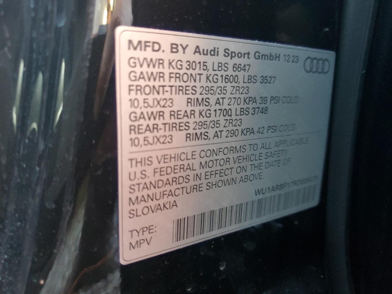 2024 AUDI RS Q8 VIN:WU1ARBF17RD005470