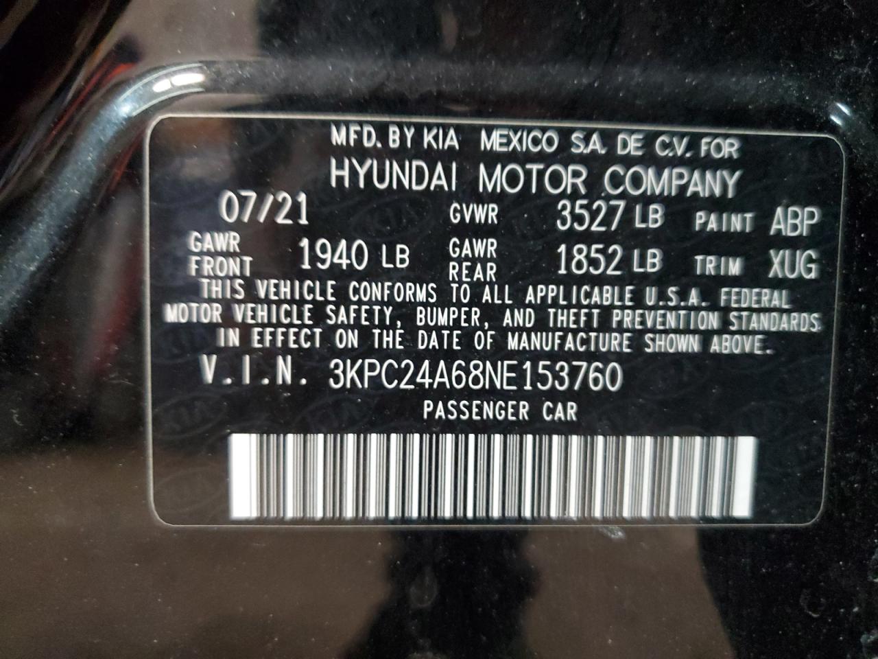 2022 HYUNDAI ACCENT SE VIN:3KPC24A68NE153760