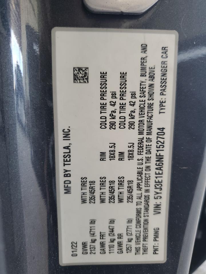2022 TESLA MODEL 3 VIN:5YJ3E1EA6NF152704