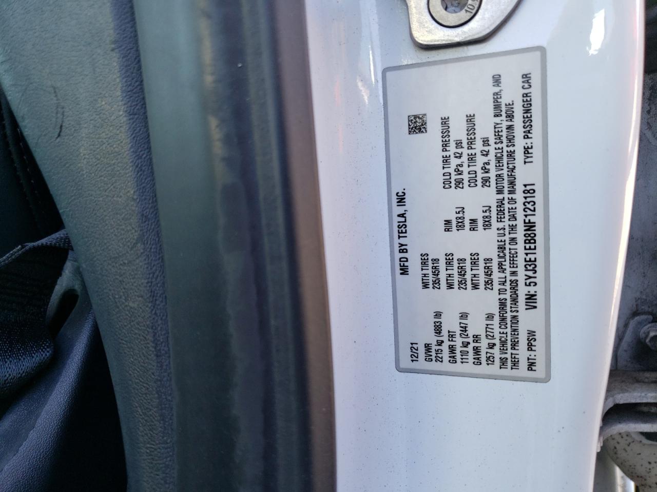 2022 TESLA MODEL 3 VIN:5YJ3E1EB8NF123181