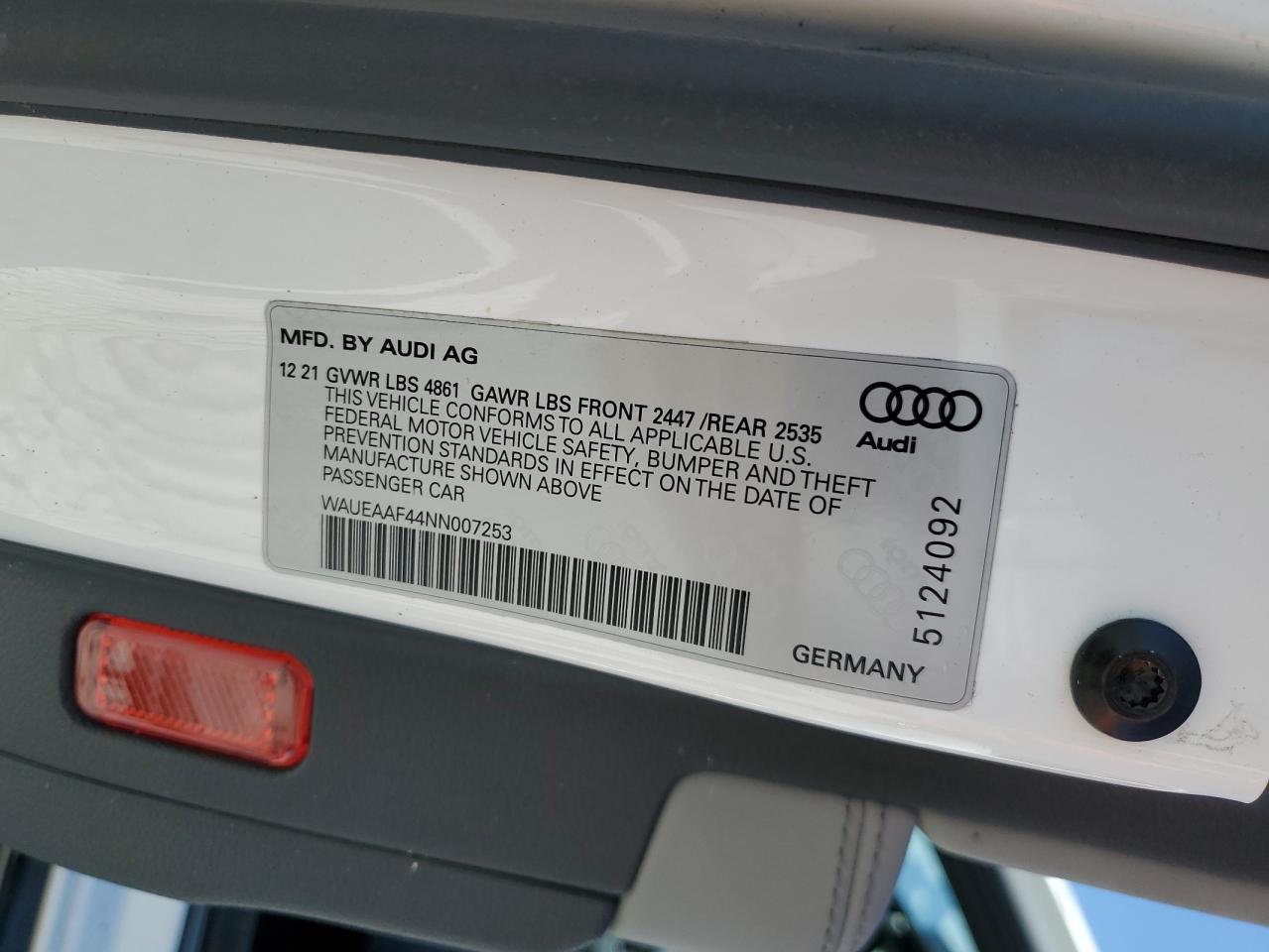 2022 AUDI A4 PREMIUM PLUS 45 VIN:WAUEAAF44NN007253