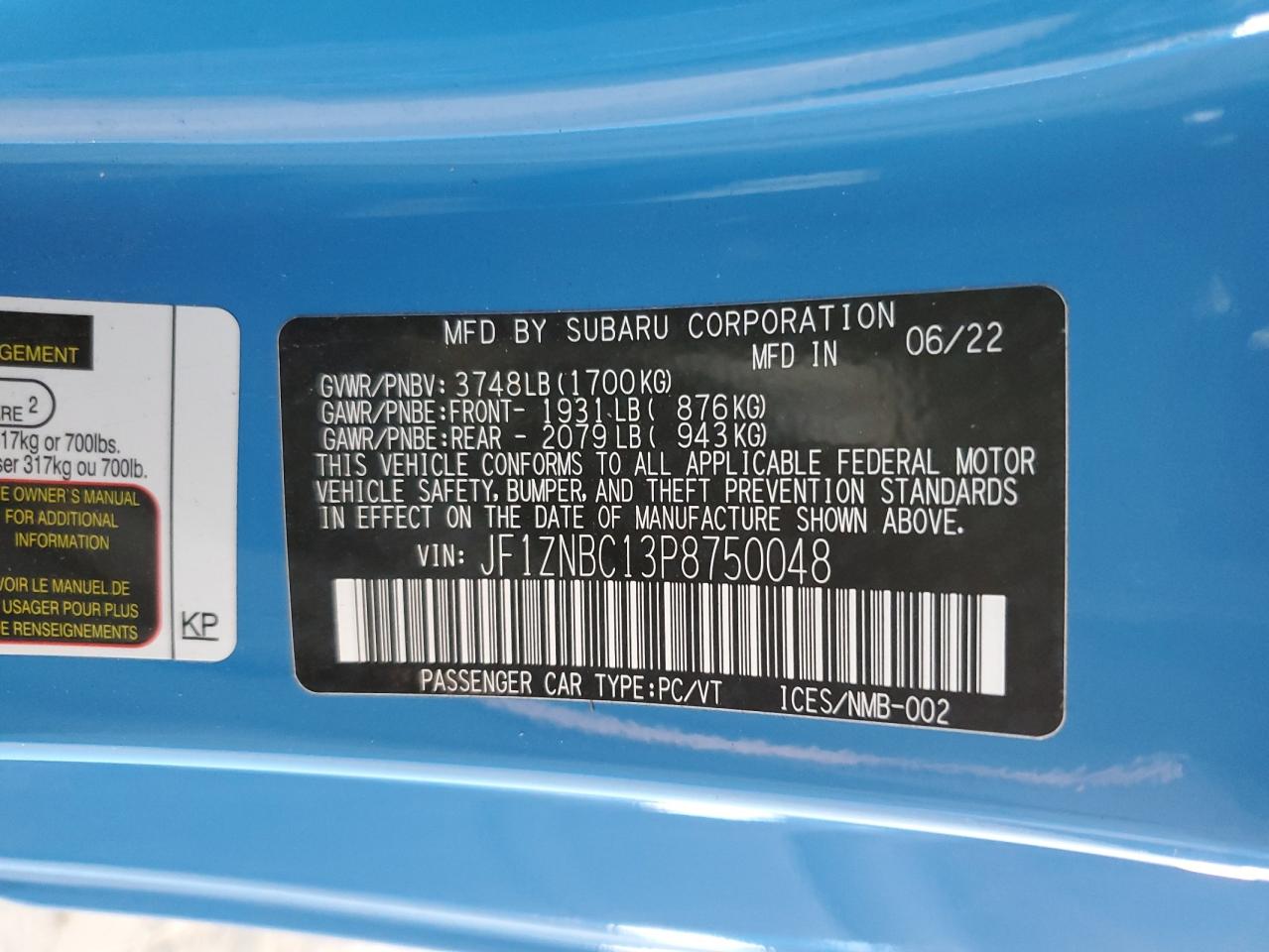 2023 TOYOTA GR 86 VIN:JF1ZNBC13P8750048