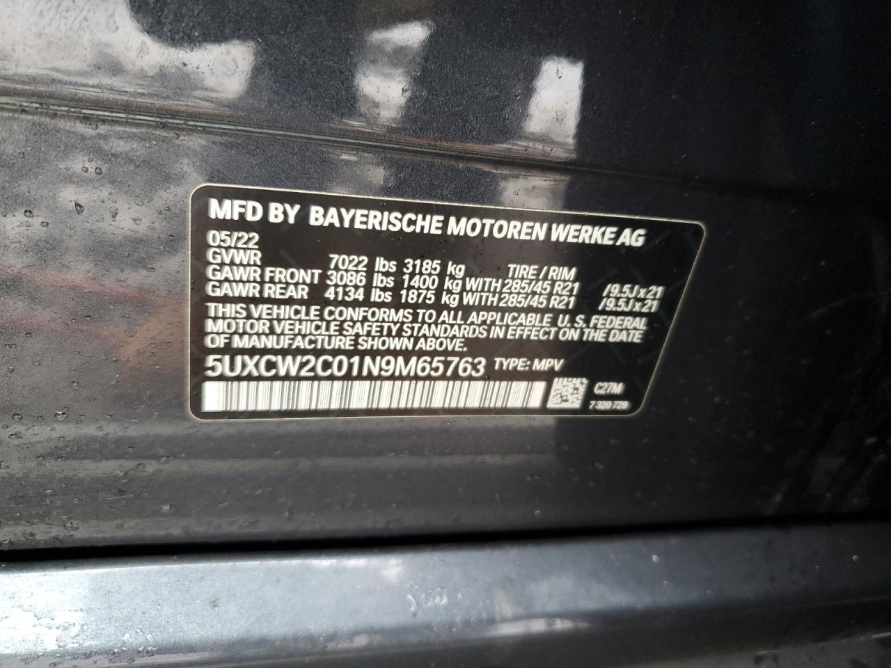 2022 BMW X7 XDRIVE40I VIN:5UXCW2C01N9M65763