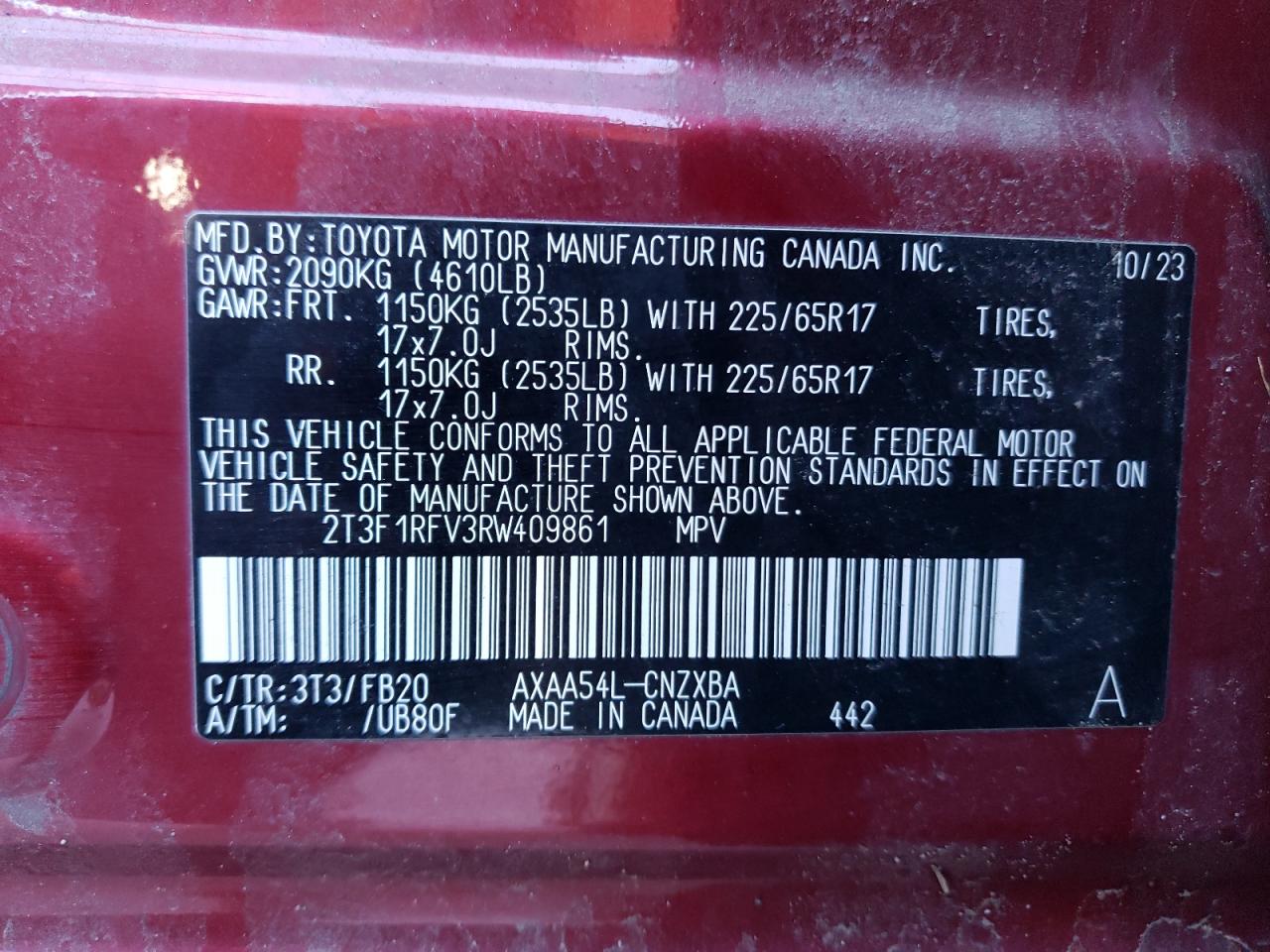2024 TOYOTA RAV4 LE VIN:2T3F1RFV3RW409861