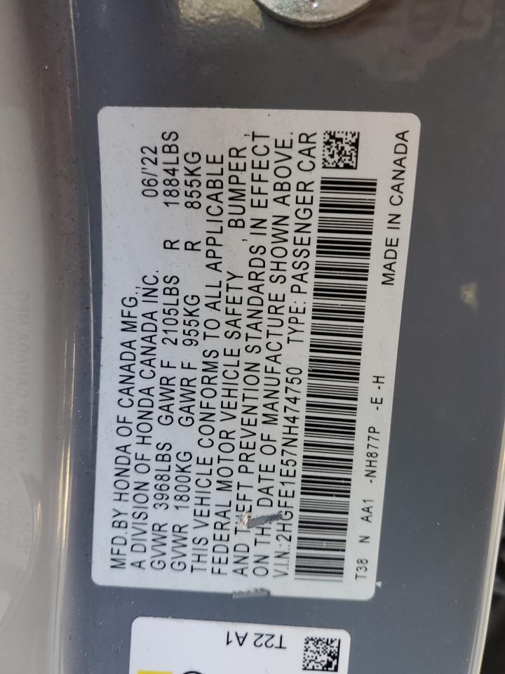 2022 HONDA CIVIC SI VIN:2HGFE1E57NH474750