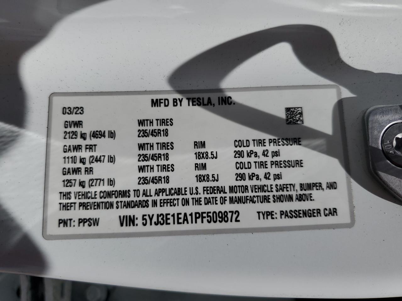 2023 TESLA MODEL 3 VIN:5YJ3E1EA1PF509872