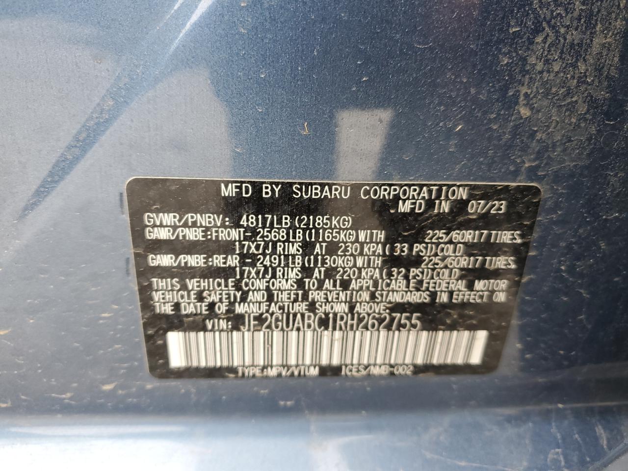 2024 SUBARU CROSSTREK VIN:JF2GUABC1RH262755
